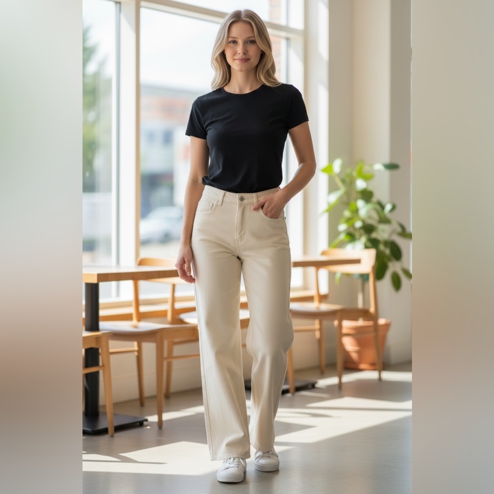 Cream Wide Leg Jeans - High Rise Straight Fit